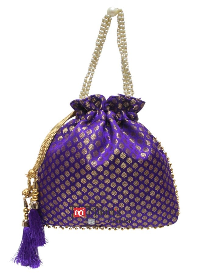 MILAN'S CREATION Brocade Potli Bag Purse With Pearl Handle Tassel Women’s Handbag Giveaways Festival (Magenta Purple) - Image 1